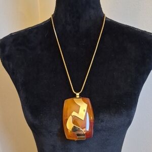 LANVIN Paris 1970s Modernist Lucite Pendant Amber/Gold on Chain